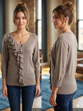 Elle Zipped Ruffled 3/4 Sleeves Cardigan Light Brown - Size Large